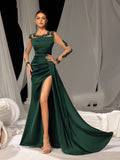 Elegant Evening Gown with Lace Accents & High Slit – Silk Satin Bodycon Dress for Luxury Evenings, XS-XL