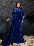 Plus Velvet High-Neck Formal Dress | Long Sleeve Beaded Evening Gown with Sweep Train