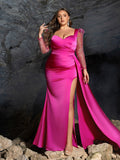 Plus Satin Evening Gown with Sweetheart Neckline & Sequin Embellished Sleeves – High Slit Mermaid Silhouette for Luxury Weddings or Red Carpet Events, 1XL-3XL