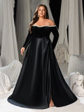 Plus Women's Pearl Accented Off-The-Shoulder Formal Gown | Long Sleeves | Defined Waist Belt | Full Flared Skirt