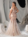 Plus Square-Neck Cold-Shoulder Mermaid Gown with Floral Sequin Embroidery & Tulle Details