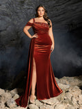 Plus One-Shoulder Ruched Velvet Gown | Beaded Strap & High Thigh Slit