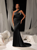 Elegant One Shoulder Mermaid Hem Satin Evening Dress with Pearl Accents