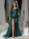 Plus Elegant Satin Sweetheart Neck Evening Gown with Sequined Long Sleeves and High Slit