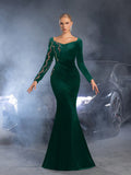 Elegant Asymmetric Long Sleeve Mermaid Gown with Sequined Accents, Luxury Evening Dress