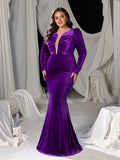Plus Mesh Insert Ruched Velvet Mermaid Dresses