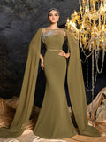 Gorgeous Chiffon Mermaid Evening Dress | Rhinestone Embroidered Bodice with Flowing Cape