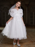 Tween Girls' Bow Front Off Shoulder Mesh A Line Dress - Elonnashop