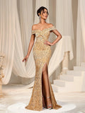 Elegant Off Shoulder Split Sequin Mermaid Dress - Elonnashop