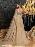 Elegant One-Shoulder Chiffon Evening Gown with Beaded Sequin Embellishment, Cape-Like Draped, High Slit and Flowy Skirt