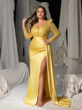 Plus Sequin Long Sleeve V-Neck Formal Dress, Satin Mermaid Train Evening Gown