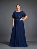 Plus Womens' Chiffon Evening Gown with Floral Appliqué Detailing – Elegant Boat Neck & Cinched Waist Formal Dress for Mothers of the Bride