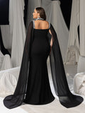 Plus Size Gorgeous Square Neck Cape Evening Gown - Mermaid Dress with Sheer Overlay