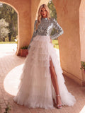 Gorgeous Mock Neck Sequin Bodice Contrast Split Tulle Layered Hem Prom Dress Wedding Dress