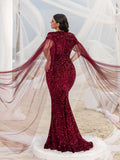 Plus Square Neck Cape Sleeves Sequin Mermaid Dress