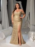 Plus Sparkling Sequin Spaghetti Strap Evening Gown | Sweetheart Neckline & High Thigh Slit