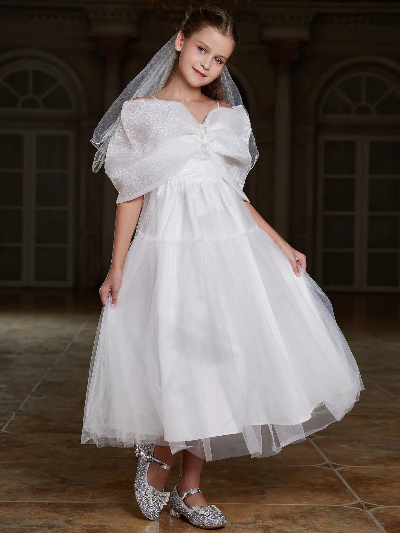 Tween Girls' Bow Front Off Shoulder Mesh A Line Dress - Elonnashop