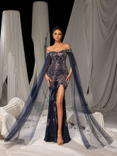 Elegant Graphic Sequin Evening Gown with Translucent Sleeves and High Slit – Mermaid Silhouette for Luxury Weddings or Galas, XS-XL