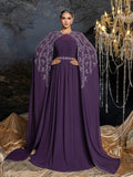 Gorgeous Two-Piece Chiffon Evening Dress | Rhinestone Cape Sleeves & A-Line Skirt with Cathedral Train