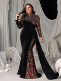 Plus Asymmetric Mermaid Gown with Velvet and Sequins, High Neck & Long Sleeves