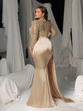 Plus Round Neck Long Sleeves Formal Evening Dress with Sequin Bodice and Satin Mermaid Skirt