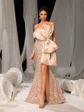 Elegant Strapless Sequined Evening Gown with High Slit & Bow – Mermaid Silhouette for Luxury Weddings or Red Carpet Events, XS-XL