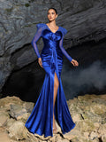 Elegant Deep V-Neck Satin Mermaid Gown with Sheer Tulle Sleeves, Sparkling Embellishments & High Slit