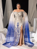 Plus Graphic Sequin Evening Gown with Translucent Sleeves and High Slit – Mermaid Silhouette for Luxury Weddings or Galas, 1XL-3XL