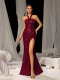Elegant Sequined Evening Gown with Halter Neckline & Side High Slit – Luxurious Red Carpet Wear for Galas, Parties & Formal Events