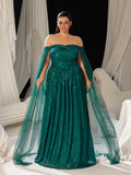 Plus Off-Shoulder Sequined Gown with Flowing Cape – Luxury Evening Wear for Weddings or Red Carpet Events, 1XL-5XL
