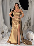 Plus Off Shoulder Beaded Satin Mermaid Gown with High Slit & Floor-Length Train