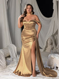 Plus Off Shoulder Beaded Satin Mermaid Gown with High Slit & Floor-Length Train