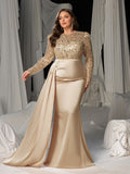 Plus Round Neck Long Sleeves Formal Evening Dress with Sequin Bodice and Satin Mermaid Skirt