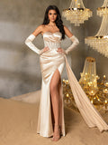 Elegant Strapless Evening Gown with Boning Structure, Rhinestone Embellishments, Ruching Midsection & High Side Slit | Figure-Flattering Formal Dress for Galas & Special Occasions