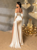Elegant Strapless Evening Gown with Boning Structure, Rhinestone Embellishments, Ruching Midsection & High Side Slit | Figure-Flattering Formal Dress for Galas & Special Occasions