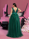 Plus Elegant Scoop Neck Floral Applique Bodice Tulle Evening Dress