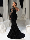 Plus Sequin Evening Gown with Lace Sleeve & Mermaid Silhouette – Glamorous Evening Wear for Weddings or High-End Events, 1XL-5XL
