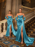 Elegant Rhinestone Detail Split Satin Formal Party Tube Dress (Gloves Included)