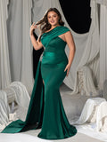 Plus Asymmetric One-Shoulder Satin Mermaid Gown with Floral Rhinestone & High Slit