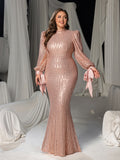 Plus Luxury Sequin Mock Neck Lantern Sleeves Mermaid Hem Formal Dress