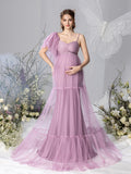 Umstandskleid mit Rüschen an der Brust, mehrlagigem Saum und Mesh-Rüschen-Trägerkleid