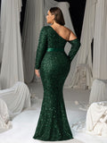 Plus Sequin Evening Gown with Asymmetrical Sleeves – One-Shoulder Luxury Dress for Red Carpet, Formal Galas & High-End Events, 1XL-3XL