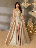 Elegant One-Shoulder Evening Gown with Intricate Floral Embellishments, Satin Skirt, Back Lacing Detail & High Side Slit | Floor-Length Elegant Formal Dress for Galas & Special Occasions