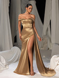 Elegant Off Shoulder Beaded Satin Mermaid Gown with High Slit & Floor-Length Train