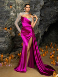 Elegant One-Shoulder Satin Mermaid Gown with Sheer Tulle Beads, Rhinestones & High Slit