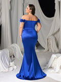 Plus Off Shoulder Mermaid Hem Satin Evening Dress with Floral Accents