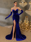 Elegant Ruched Wrap Hem Velvet Tube Prom Dress(Gloves Included)