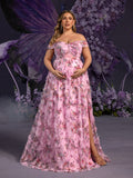 Plus Maternity  Off Shoulder Ruffle Trim Split Floral Mesh Party Dress