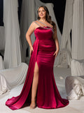 Plus Size Satin One-Shoulder Mermaid Evening Gown with High Slit & Rhinestone Chain