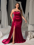 Plus Size Satin One-Shoulder Mermaid Evening Gown with High Slit & Rhinestone Chain